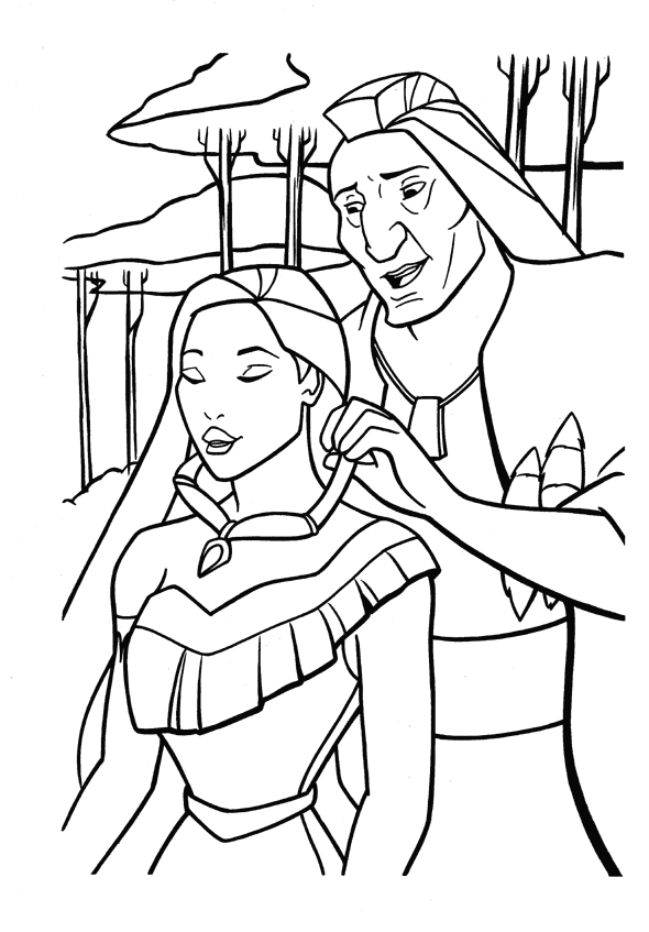 coloriage le pere de pocahontas lui donne un talisman